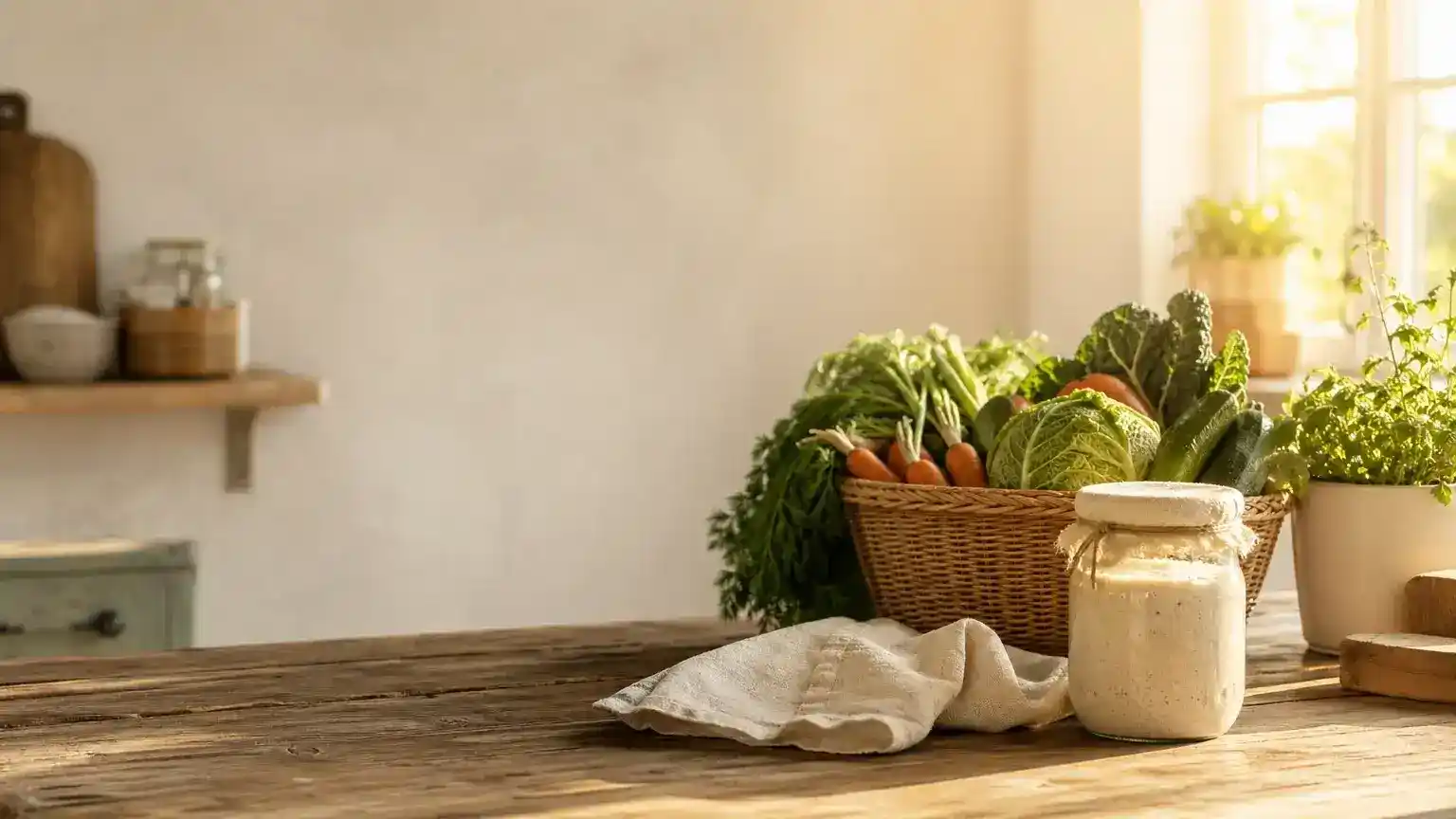 Rustic kitchen counter with a basket of organic vegetables, sourdough starter, and warm sunlight